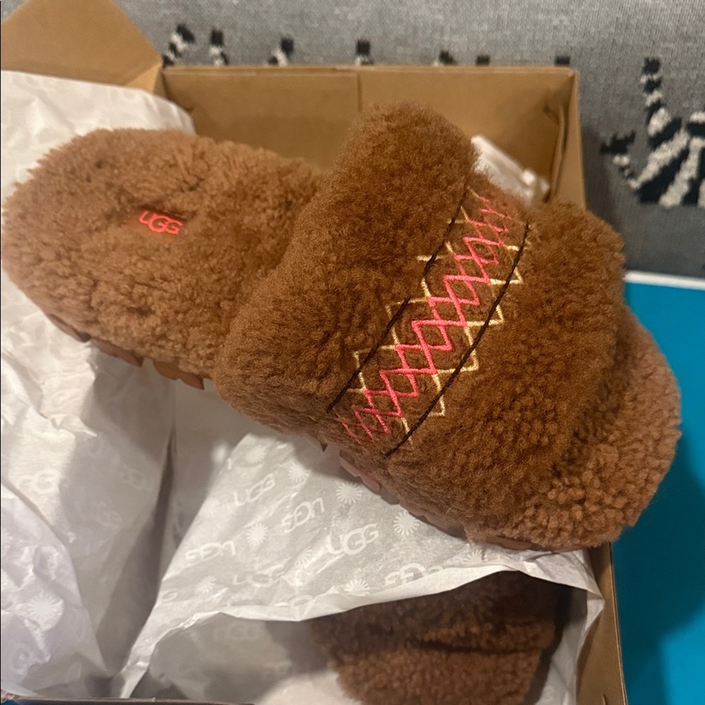 UGG Tan Fluffy Slippers with Pink and Gold Accents